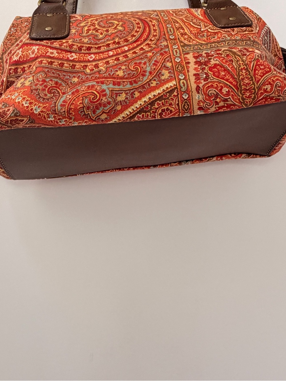 Orange Paisley Shoulder Bag with Brown Handles - Picture 3 of 7